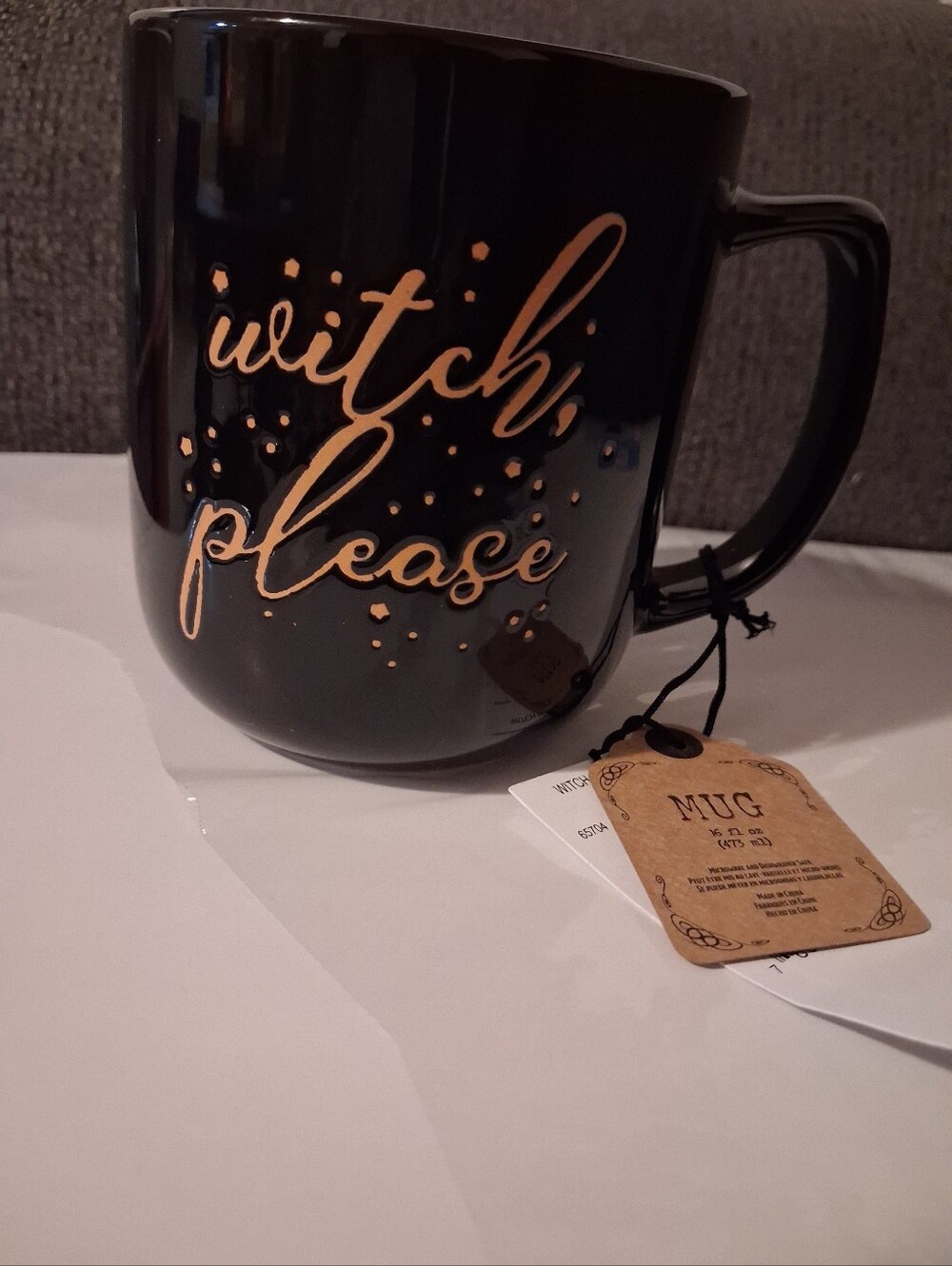 Black Ceramic Mug with Rose Gold 'witch, please' Script